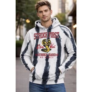 Cobra Kai Strike First Strike Hard No Mercy Hoodie Tie Dye White Black Small